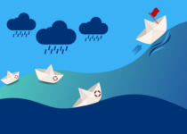 illustration of three paper boats on the ocean floating on different waives with storm clouds. One boat is sailing us a wave towards calm water