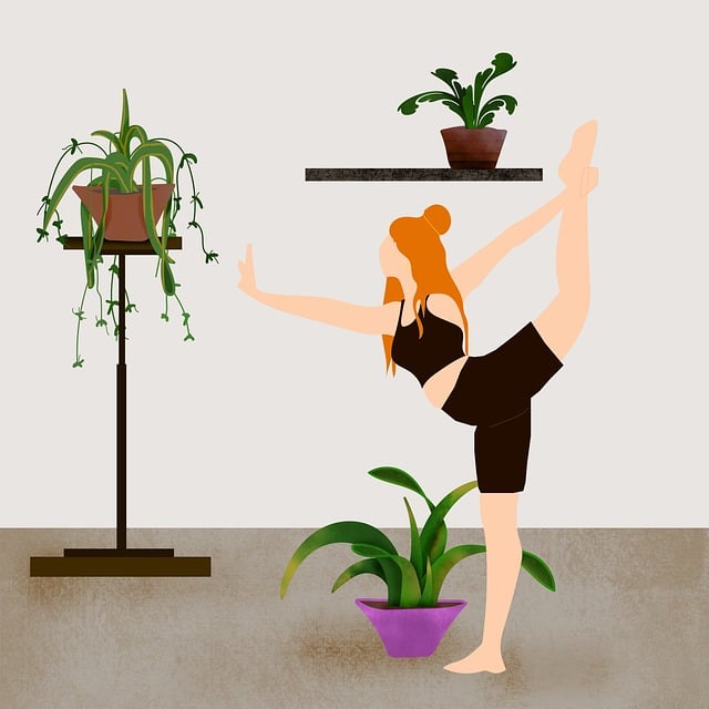 illustration of a lady with red hair doing yoga surrounded by plants